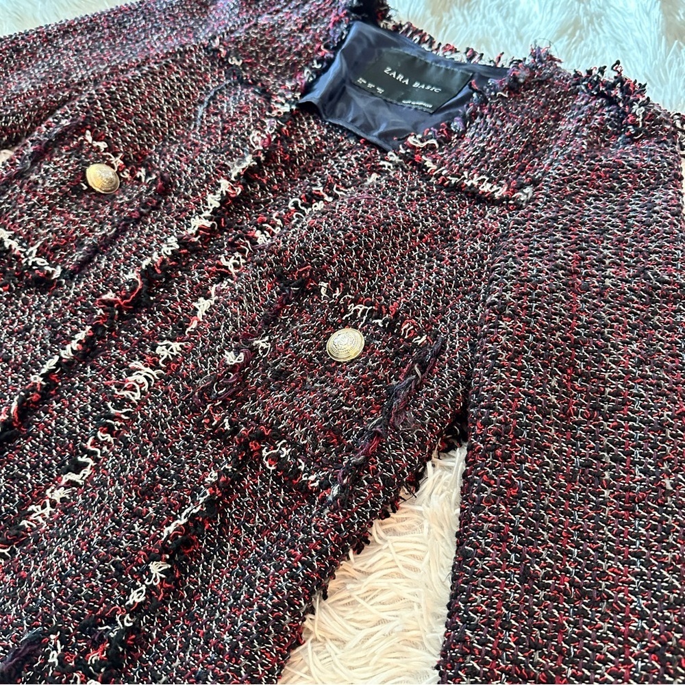 Zara Basic Tweed Longline Coat Jacket XS Black Red Fringe Bouclé - Picture 11 of 16
